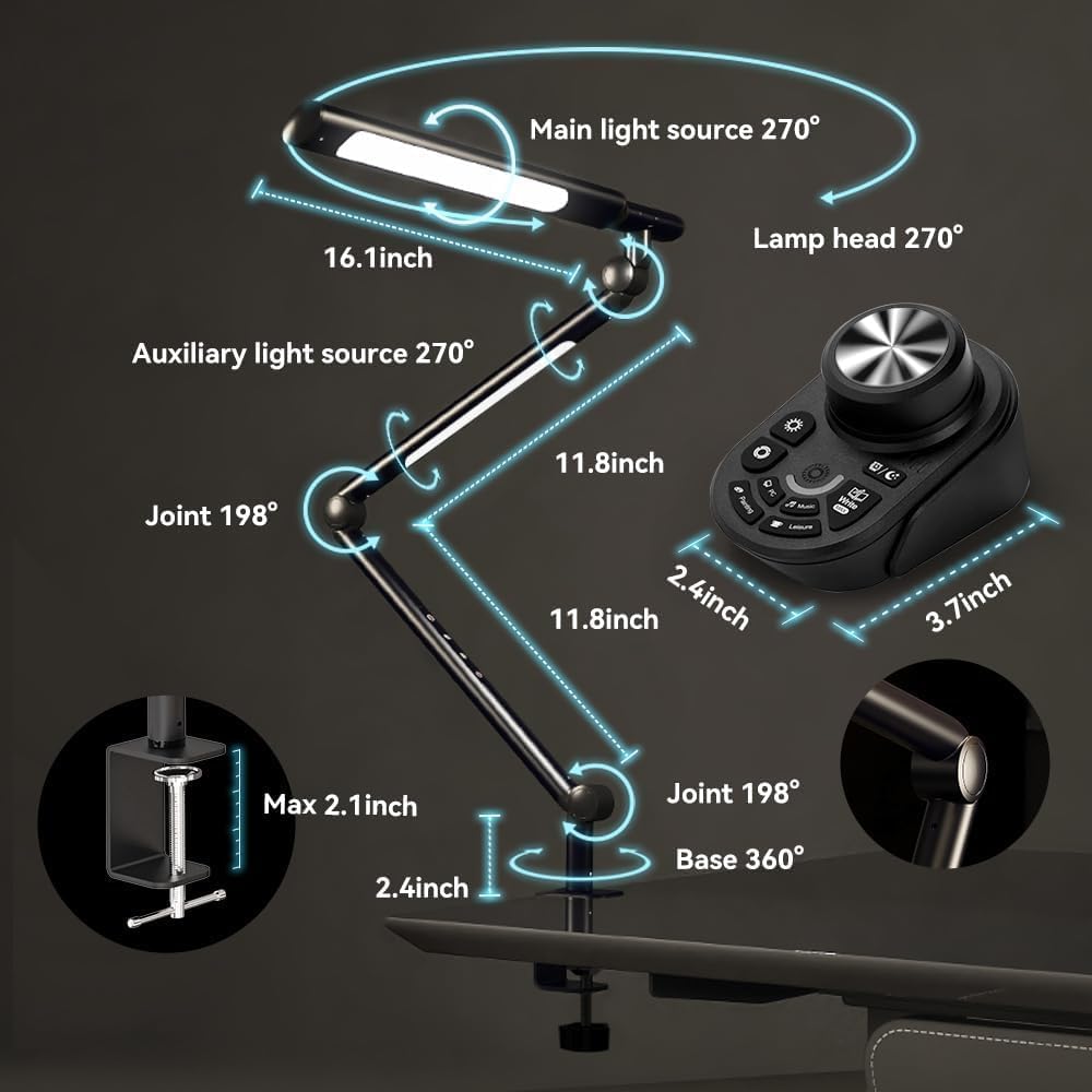 SANDROY VOLT Adjustable LED Desk Lamp Modern Black - Clamp Mount Office Table Light with Desktop Remote Control, Adjustable Brightness & Color Temperature, 5 Lighting Modes for Reading, Computer, DIY