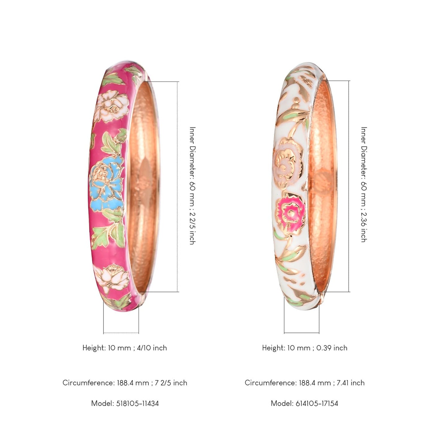 UJOY Fashion Cloisonne Bracelets Set Plated Enameled Jewelry Spring Hinged Metal Cuff Bangles Gift Box Packed 55A106-55A113 White Rose
