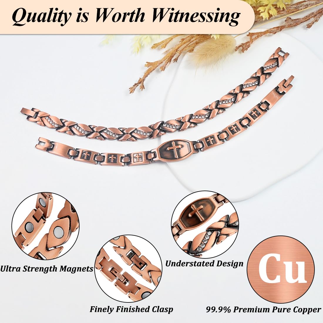 Vicmag 2PCS Copper Magnetic Bracelets for Women 100% Solid Pure Copper Bracelets with Gift Box & Adjust Tool