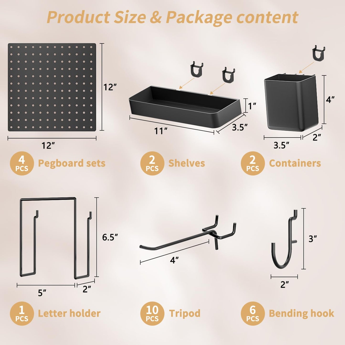FZK Peg Board, 25pcs PegBoard Wall Organizer, 12in*12in, Includes 4 Black Pegboard and Accessories, Plastic PegBoard for Room, Office, Game Room, Kitchen and Bathroom