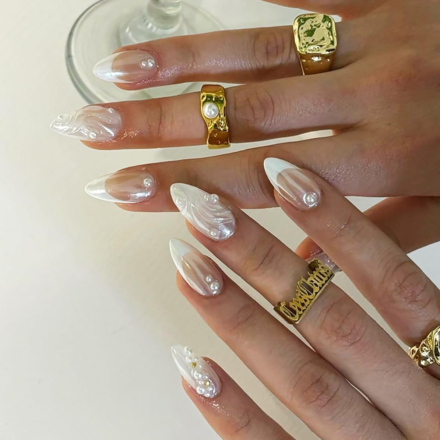 CJDLTS French Tip Press on Nails Medium Plating False Nails Almond Pearl Design Full Cover Coffin Nails Acrylic Artificial Nails 3D Press Ones French Stick on Nails DIY Glue on Nails for Women 24Pcs