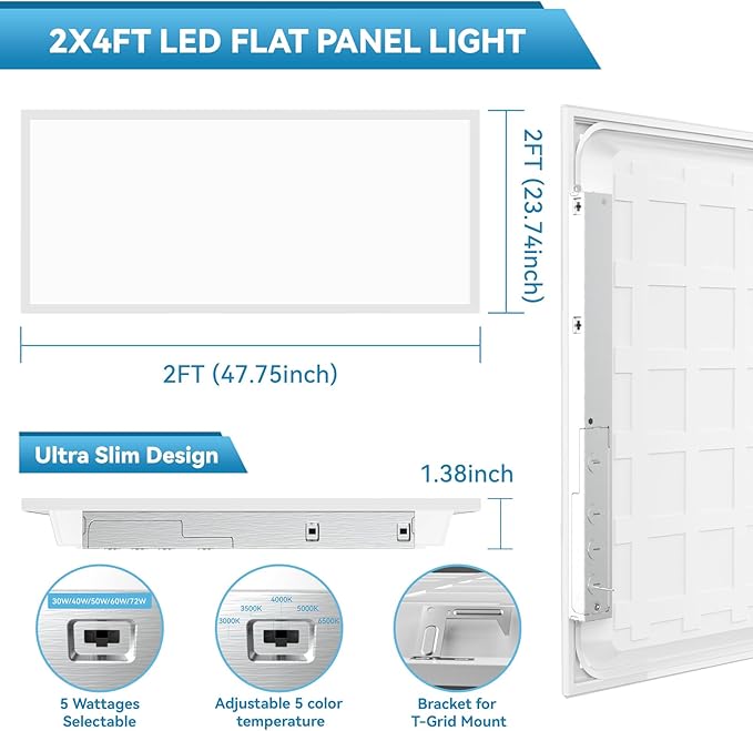 Msbfi 2x4 LED Flat Panel Lights Drop Ceiling Light Fixture 5000K 4000K 3000K Selectable 0-10v Dimmable, 30-40-50W 24x48 LED Light Fixture 100-277V for Office Ceiling Lighting Fixture ETL/DLC 12 Pack