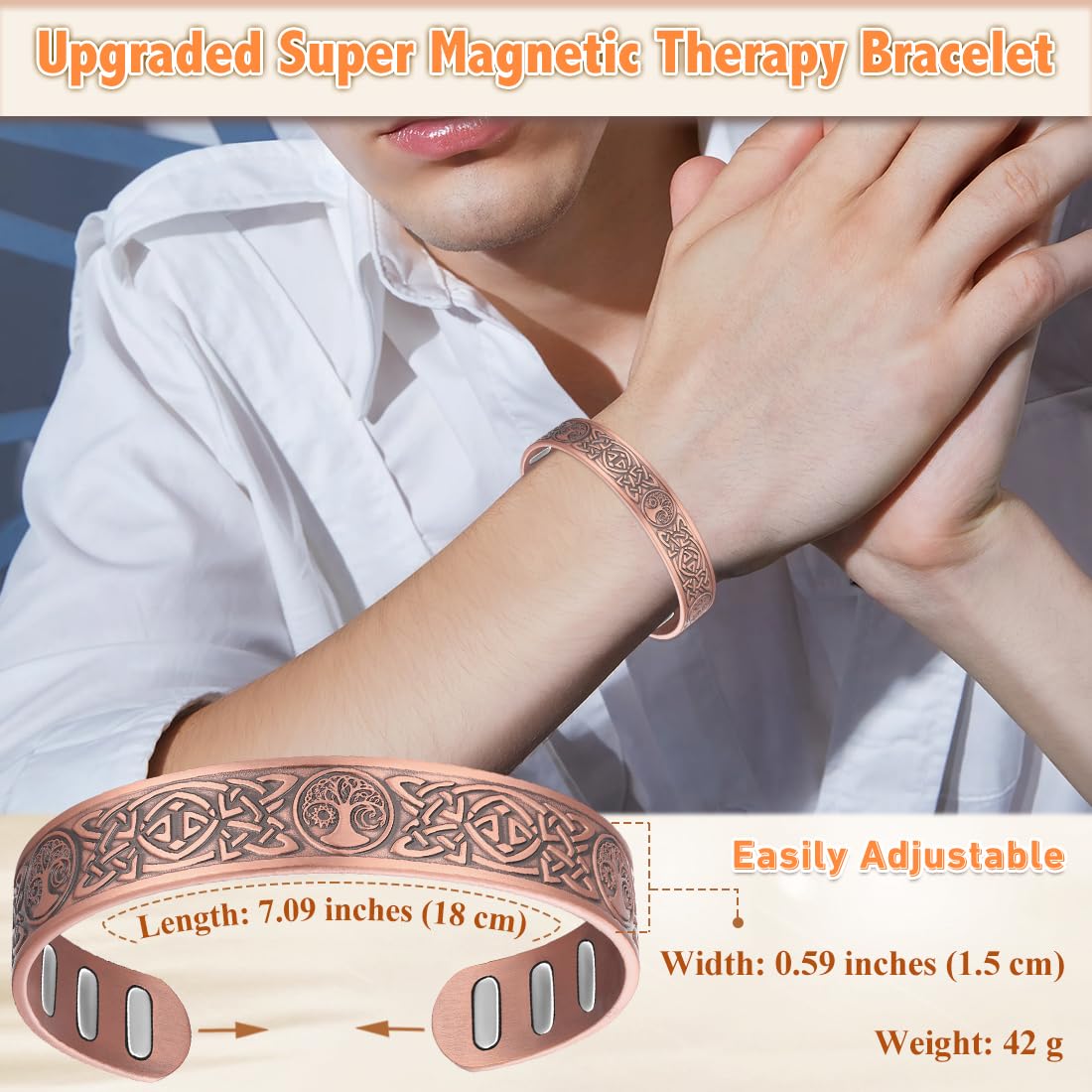 Cigmag Copper Bracelet for Men, with Powerful 9X 5000 Gauss Magnets, Adjustable Solid Pure Copper (Celtic Sun Moon Life Tree)