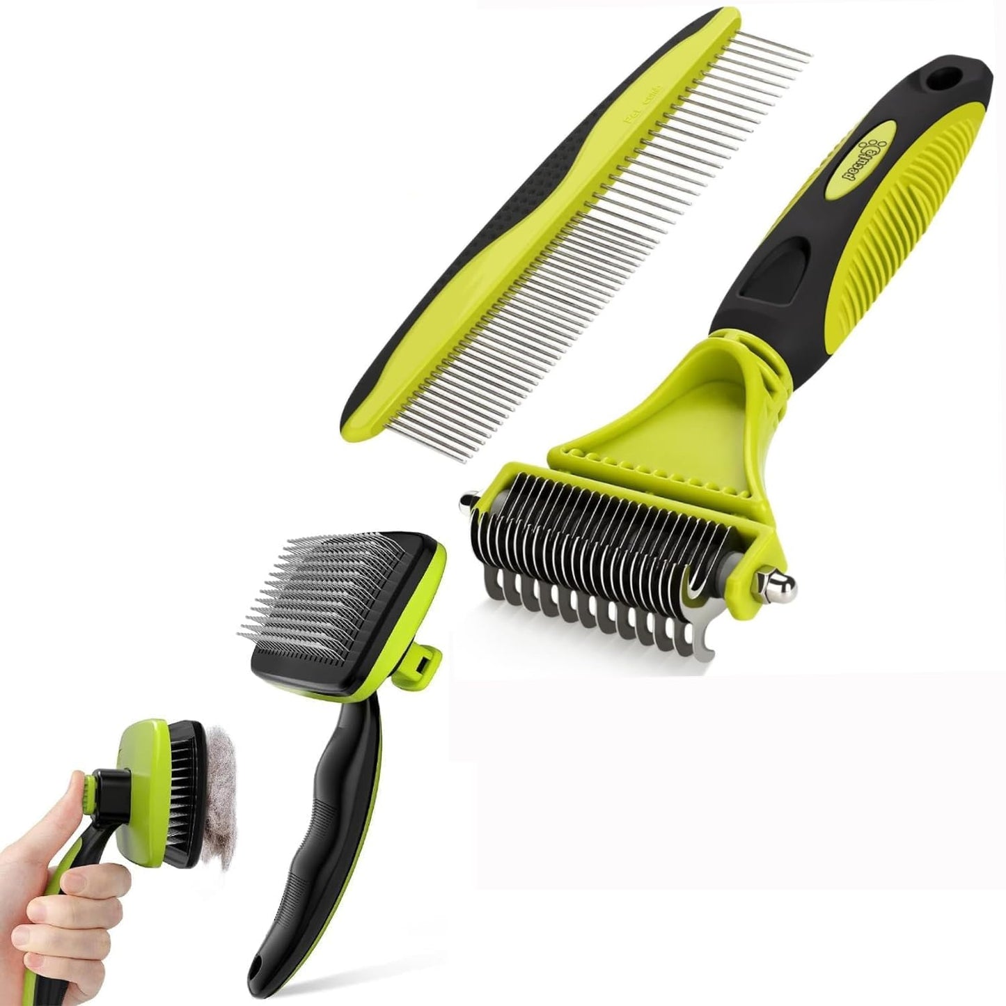 Pet Grooming Tool Bundle: Self-Cleaning Slicker Brush + Undercoat Rake + Comb