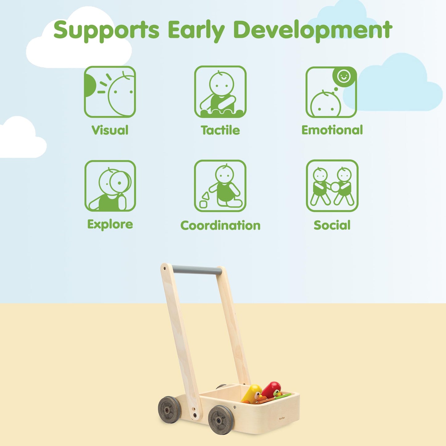 PlanToys® Musical Bird Walker Wooden Push Toy with Sound | Montessori Developmental Activity for Balance, Rhythm & Coordination | Eco-Friendly Educational Toy for Early Learning
