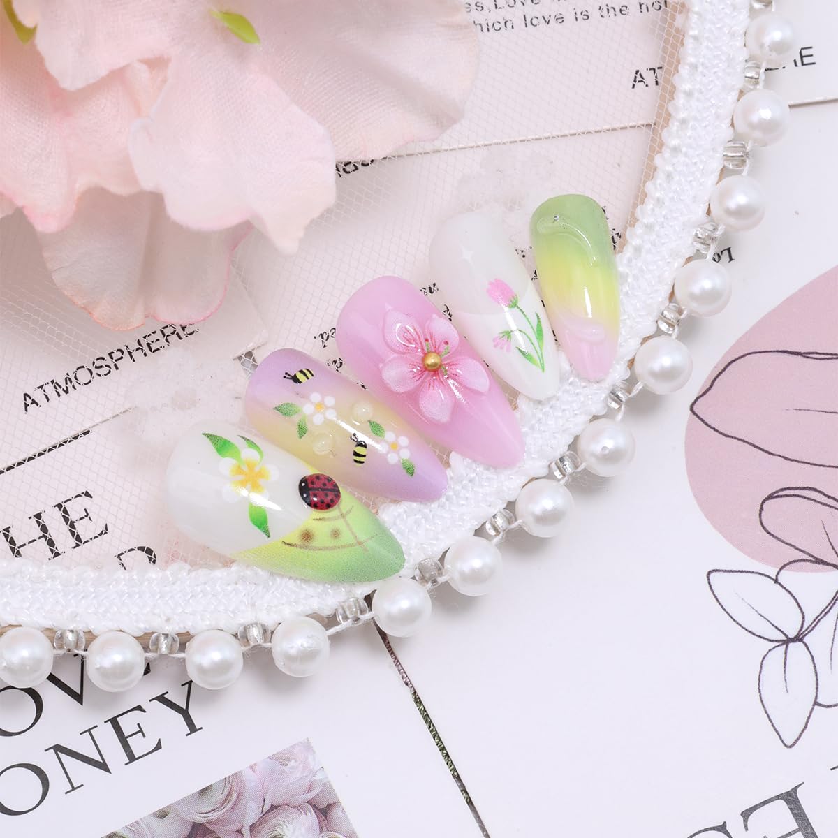 24Pcs 3D Floral Press on Nails Almond Shape Spring Cute Fake Nails with Bee Ladybug Design French Tip Acrylic False Nails Medium Length Reusable Stick on Nails Full Cover Artificial Nails for Women