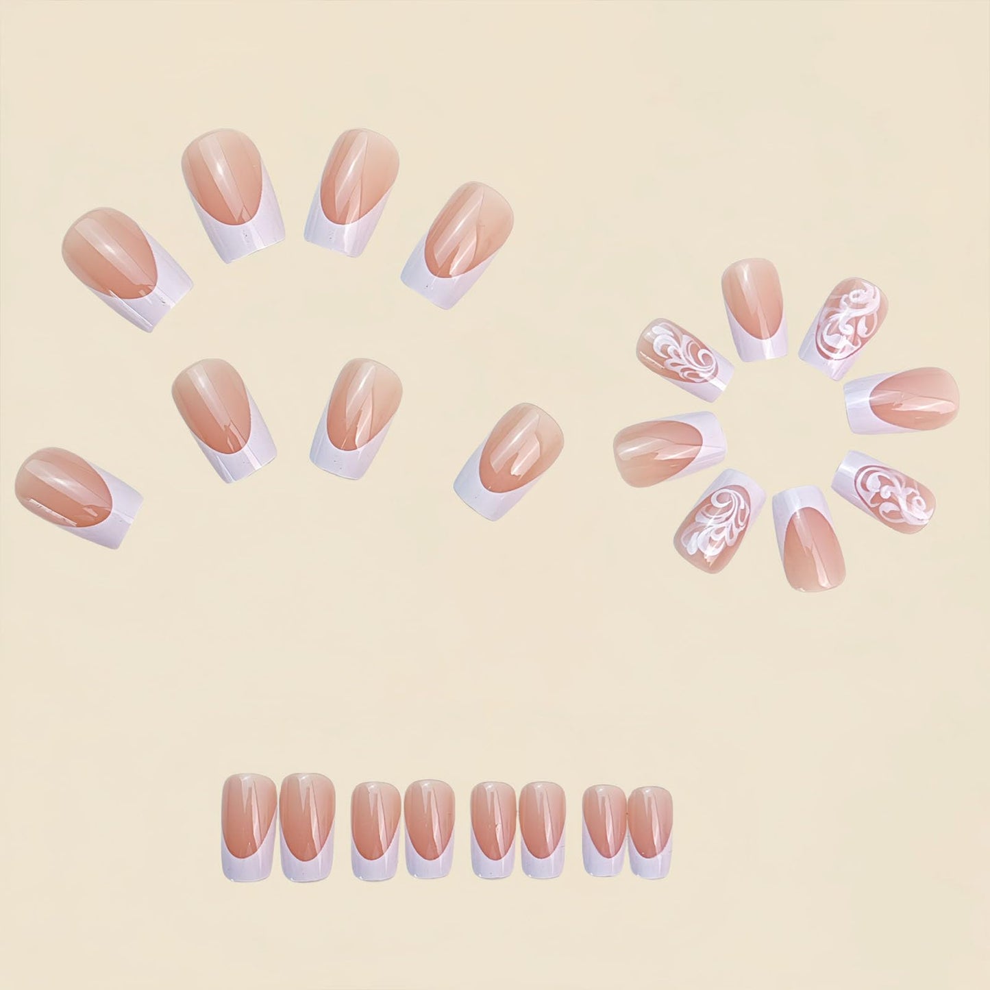 French Tip Press on Nails Medium Square Fake Nails with White Lines Designs Glossy Nails Press ons Nude Glue on Nails Cute Acrylic Nails Artificial Stick on Nails for Women 24Pcs