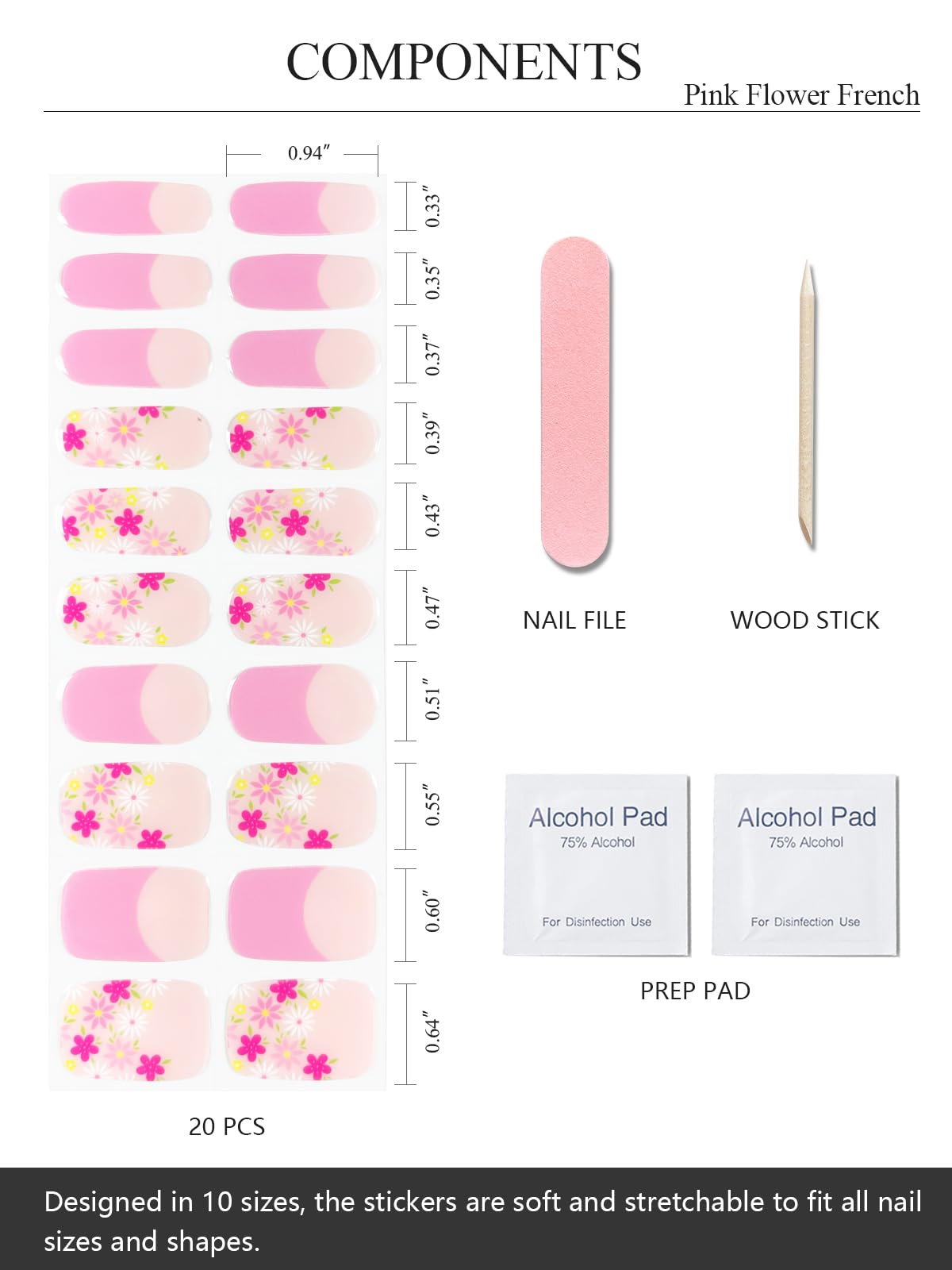 AutyaMee Semi Cured Gel Nail Strips (Pink Flower French), Summer, 20 Pcs Gel Nail Wraps, Stickers, UV Light Required, Salon Quality, Long Lasting
