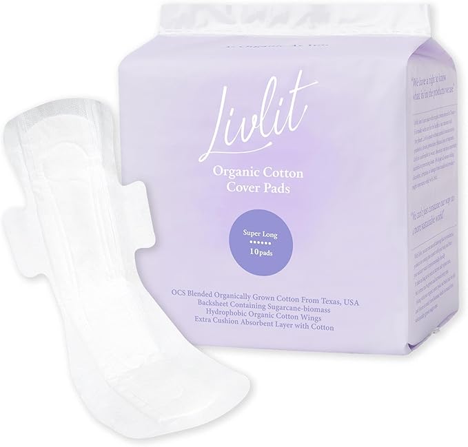 Super Long Overnight Pads - 100% Organic Cotton from Texas, Heavy Absorbency, Powerful Leak Protection, Unscented, Extra Long Length (10 Count)
