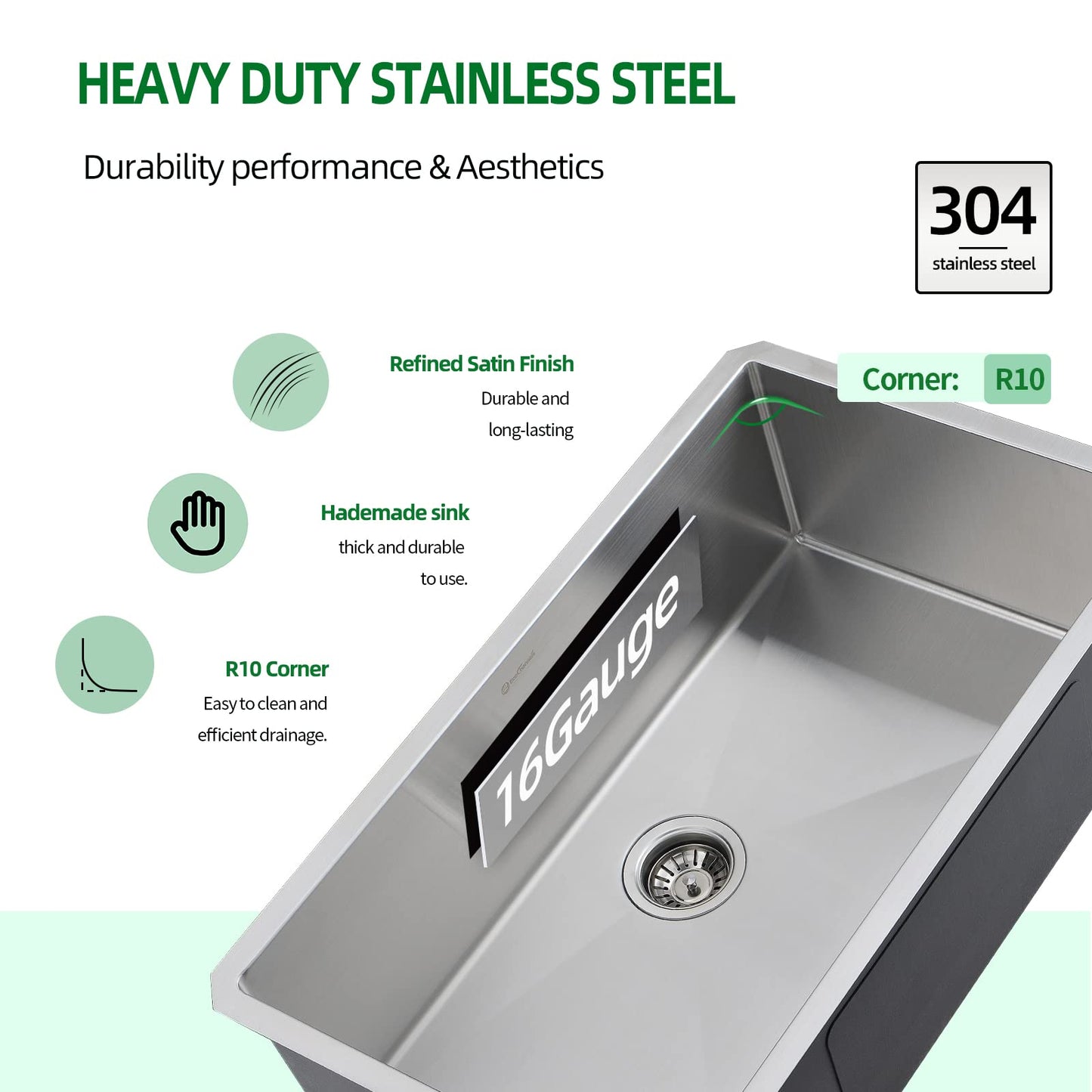 EcoChannels Undermount Kitchen Sink, 28 x 19 Inch Sink Kitchen16 Gauge Stainless Steel Outdoor Laundry Kitchen Sinks Single Bowl