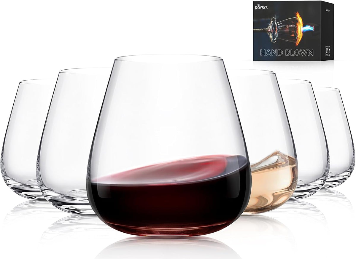 LUNA & MANTHA Stemless Wine Glasses Set of 6, 14.5oz Red White Wine Glass,Premium Hand Blown Crystal Glasses for Daily Use and Special Days, Perfect Gifts for Men and Women