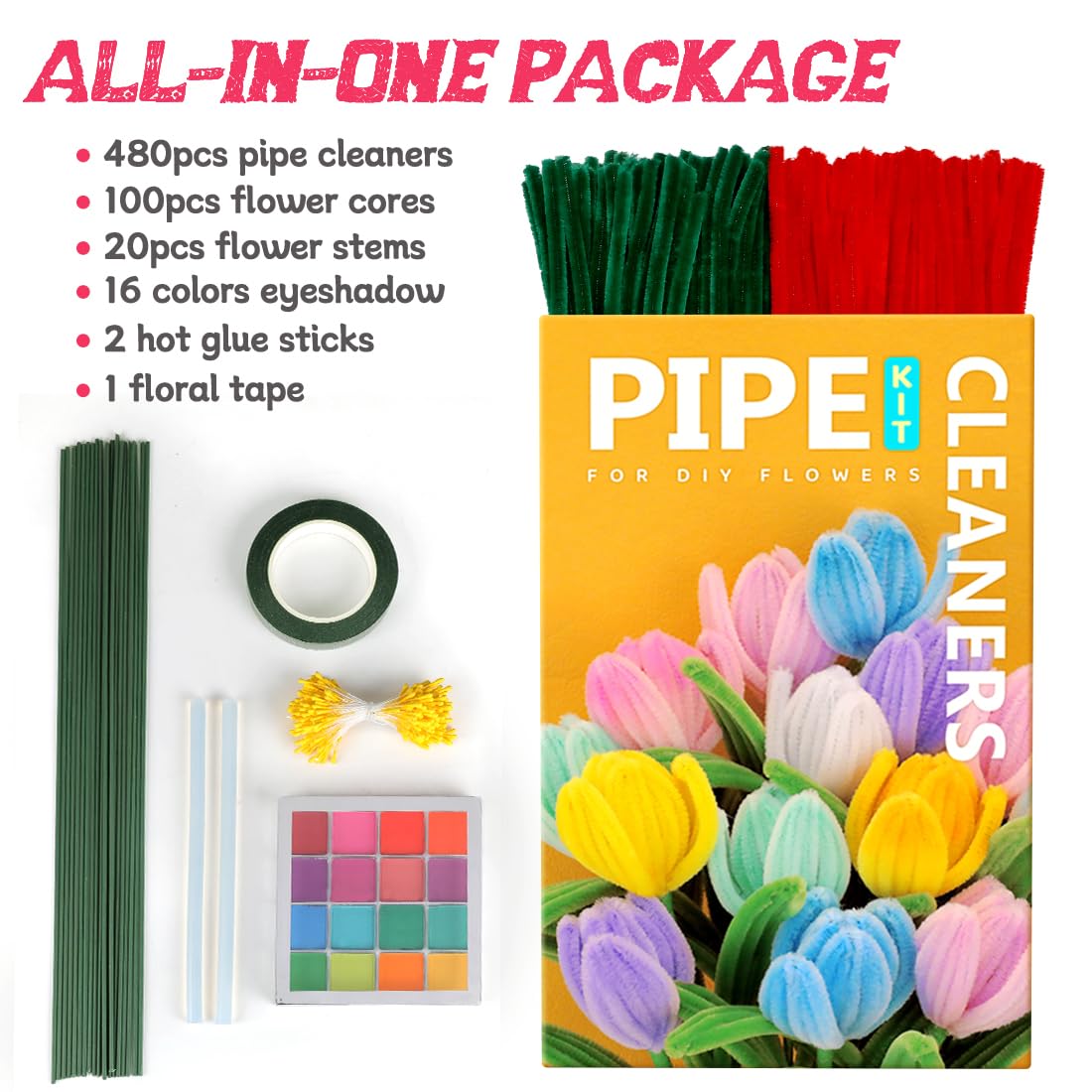 IOOLEEM Pipe Cleaners, 480pcs Red Roses, Valentine's Day Flower Making Kit, Arts and Craft Supplies for Flowers, Ideas for Art Project Activity.