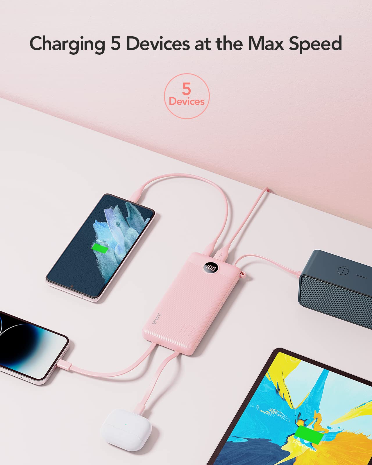 VRURC Portable Charger Power Bank, 10000mAh Travel Essentials Battery Pack, Compact Charging Bank Built-in Cables Cords Compatible with iPhone 17 Pro 17 16 15 14 13, Samsung Phones-Pink(1 Pack)