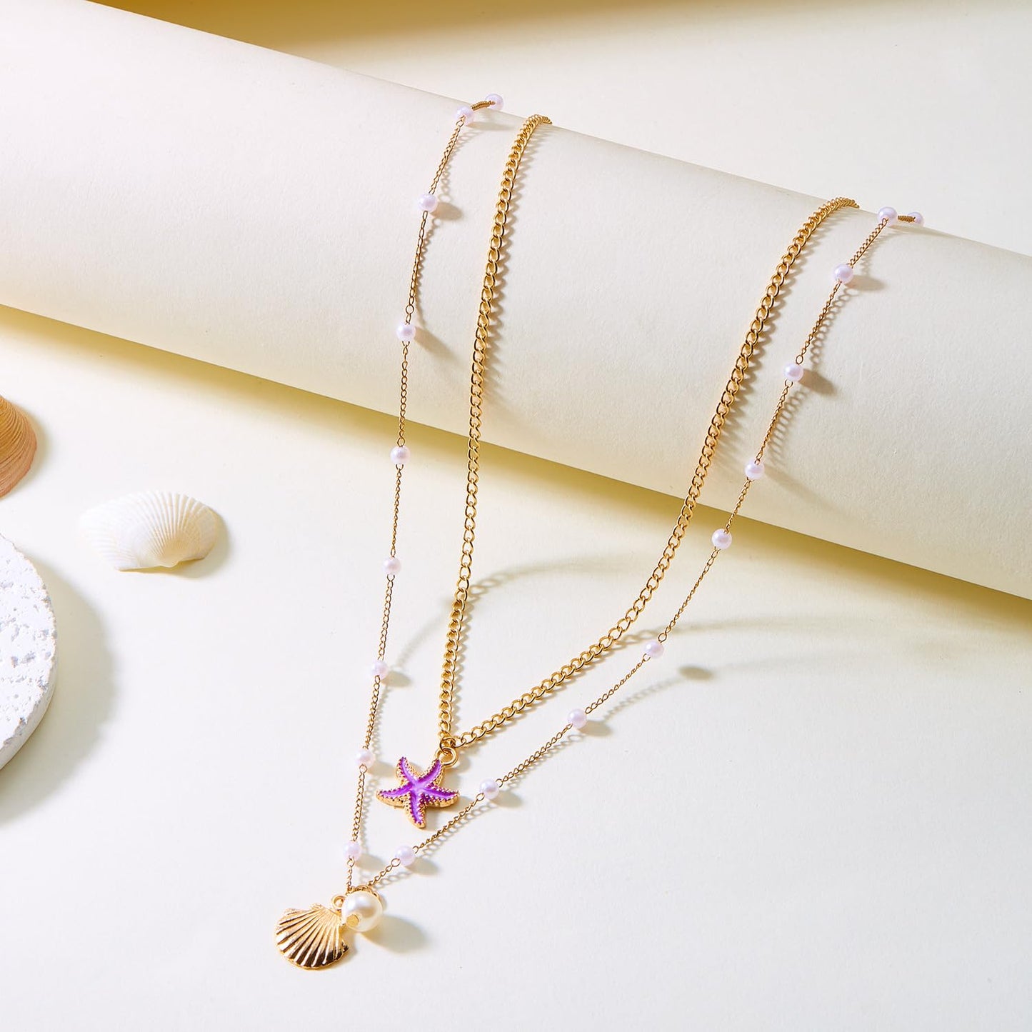 Cicod Starfish Necklace Gold SeaShell Charm Necklaces Boho Layered Conch Turtles Sea Shell Necklaces Summer Beach Jewelry for Women (Purple)