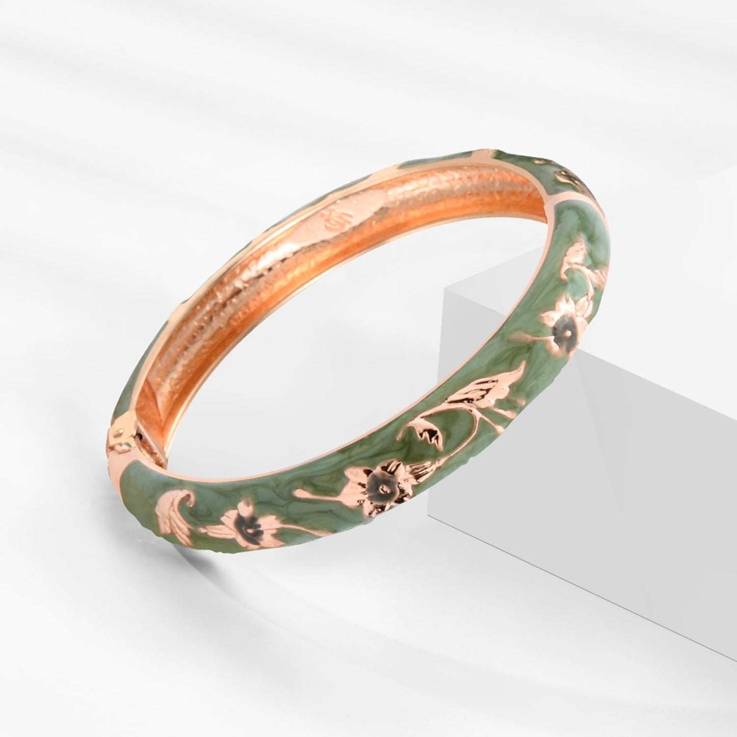 UJOY Womens Multi-Colors Cloisonne Bracelet Gold Plated Flower Enameled Hinged Cuff Bangles Jewelry Gift 55A-3PCS Green