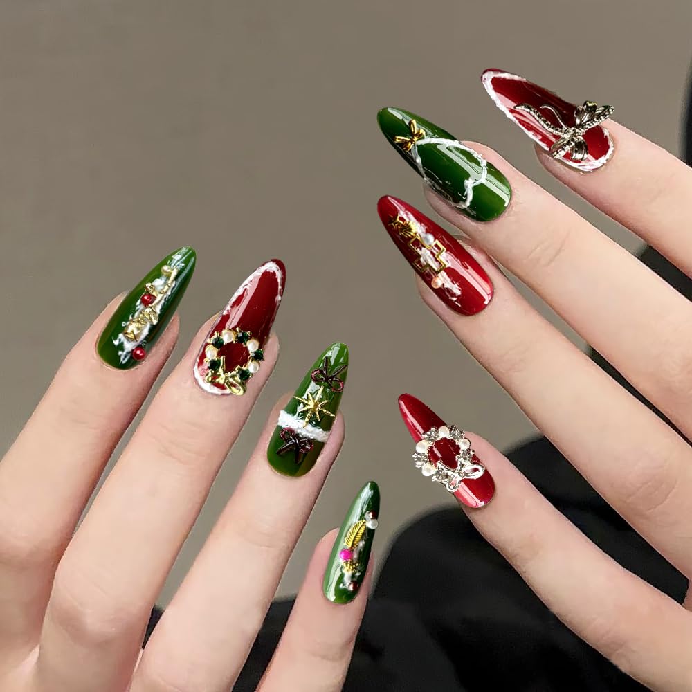 Handmade Press on Nails Medium Almond- Long Fake Nails,3D Unique Reusable ABS Material Fake Nails, Cartoon Snowflake Design False Nails (M, 001)