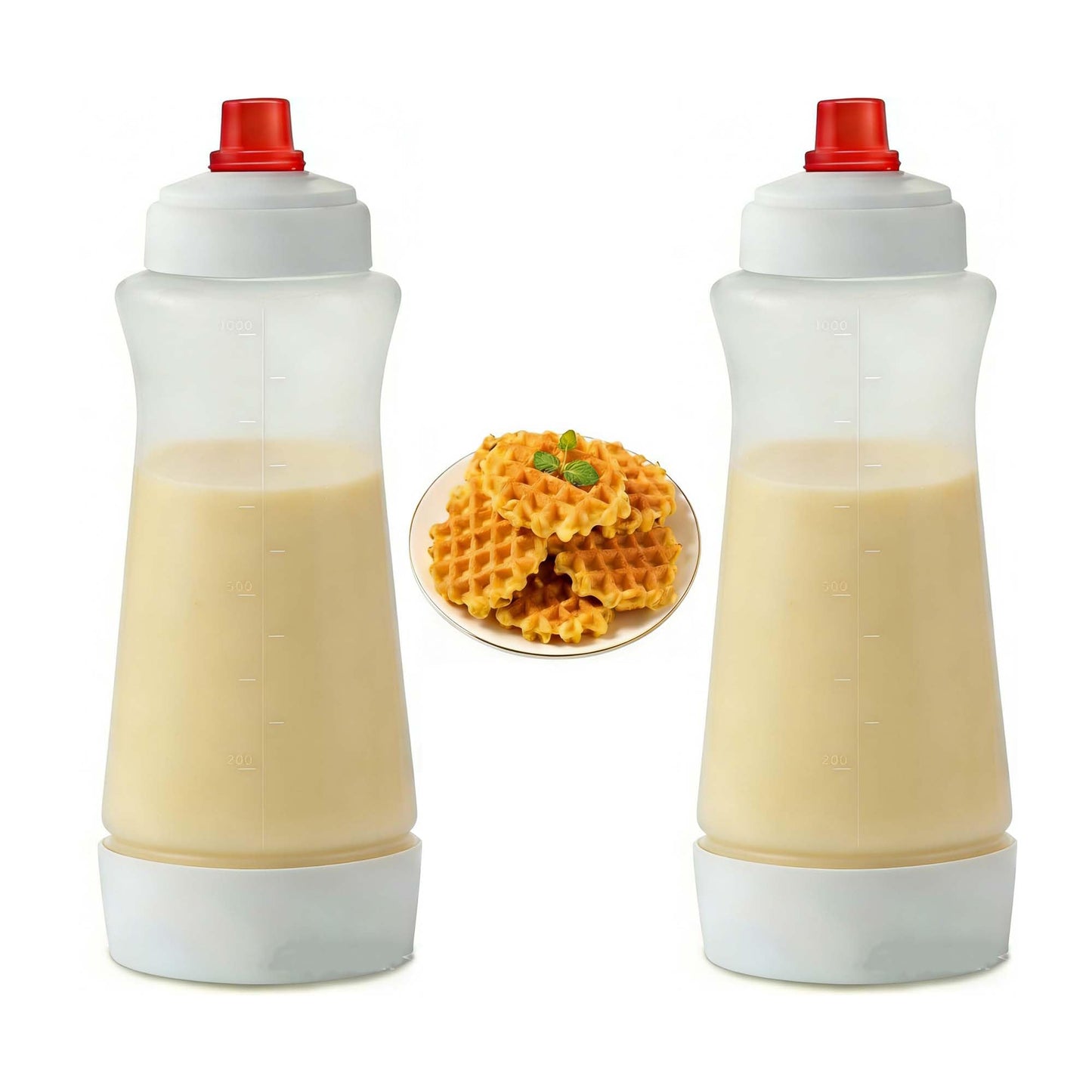 DelloidMaz 2 Pack Pancake Batter Mixer and Dispenser, Silicone Squeeze Bottle for Pancakes, Waffles, Crepes, Muffins, Qatayef, Cupcakes