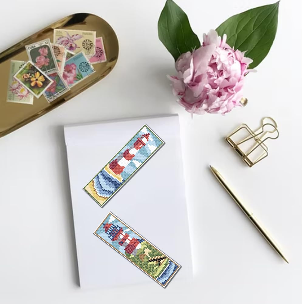 FREEBLOSS 6 Set Bookmark Cross Stitch Kits Cross Stitch Bookmark Kit with Instructions Lighthouse Scenery Pattern Embroidery Kit for Beginners Bookmarks Making Kit for Gift