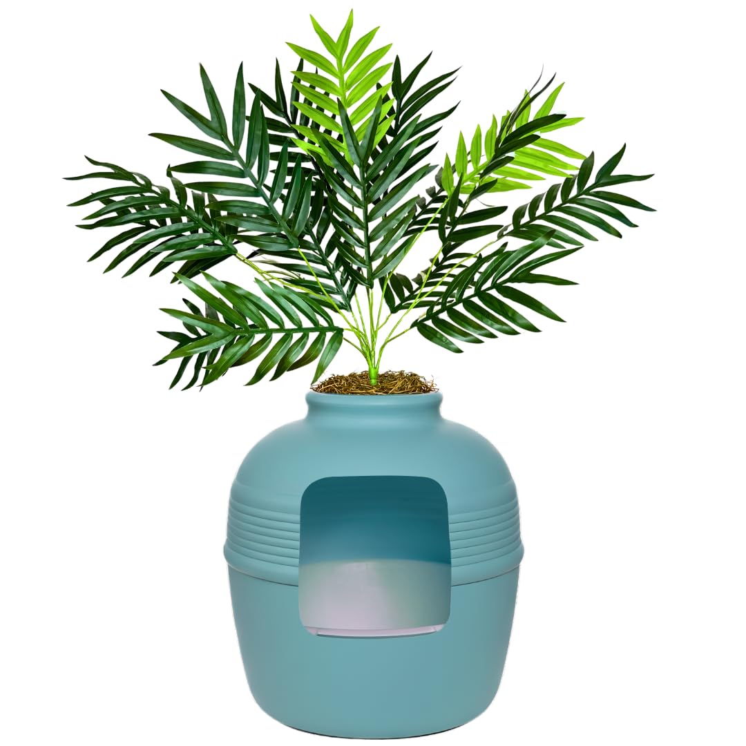 Good Pet Stuff Original Hidden Litter Box Planter, Decorative Cat Litter Enclosure with Carbon Filter, Artificial Palm Plant, Upgraded Design, Easy to Clean, Base Kit, White Birch