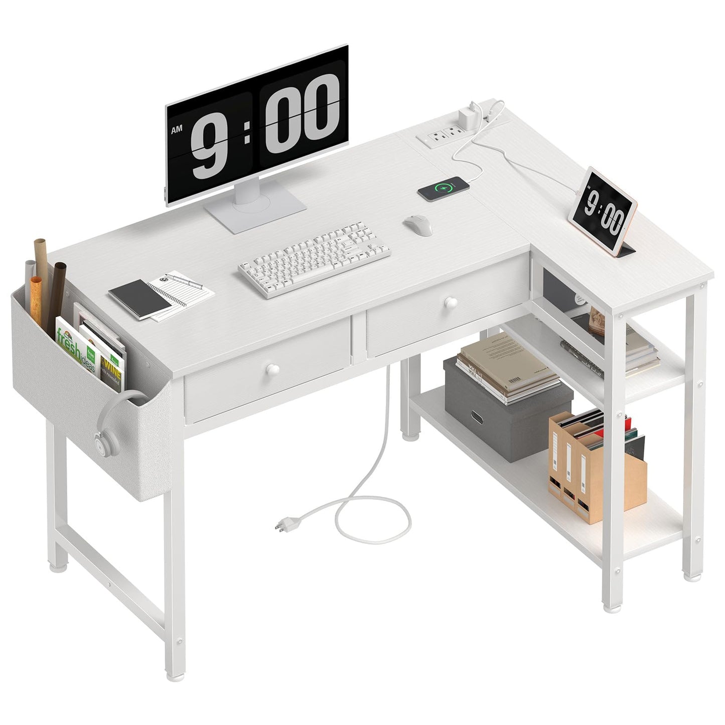 DLisiting Small White L Shaped Desk with Drawers & Storage Shelves, 40 Inch Corner Desk with Power Outlet for Small Space Home Office, Study Work PC Desks for Bedroom