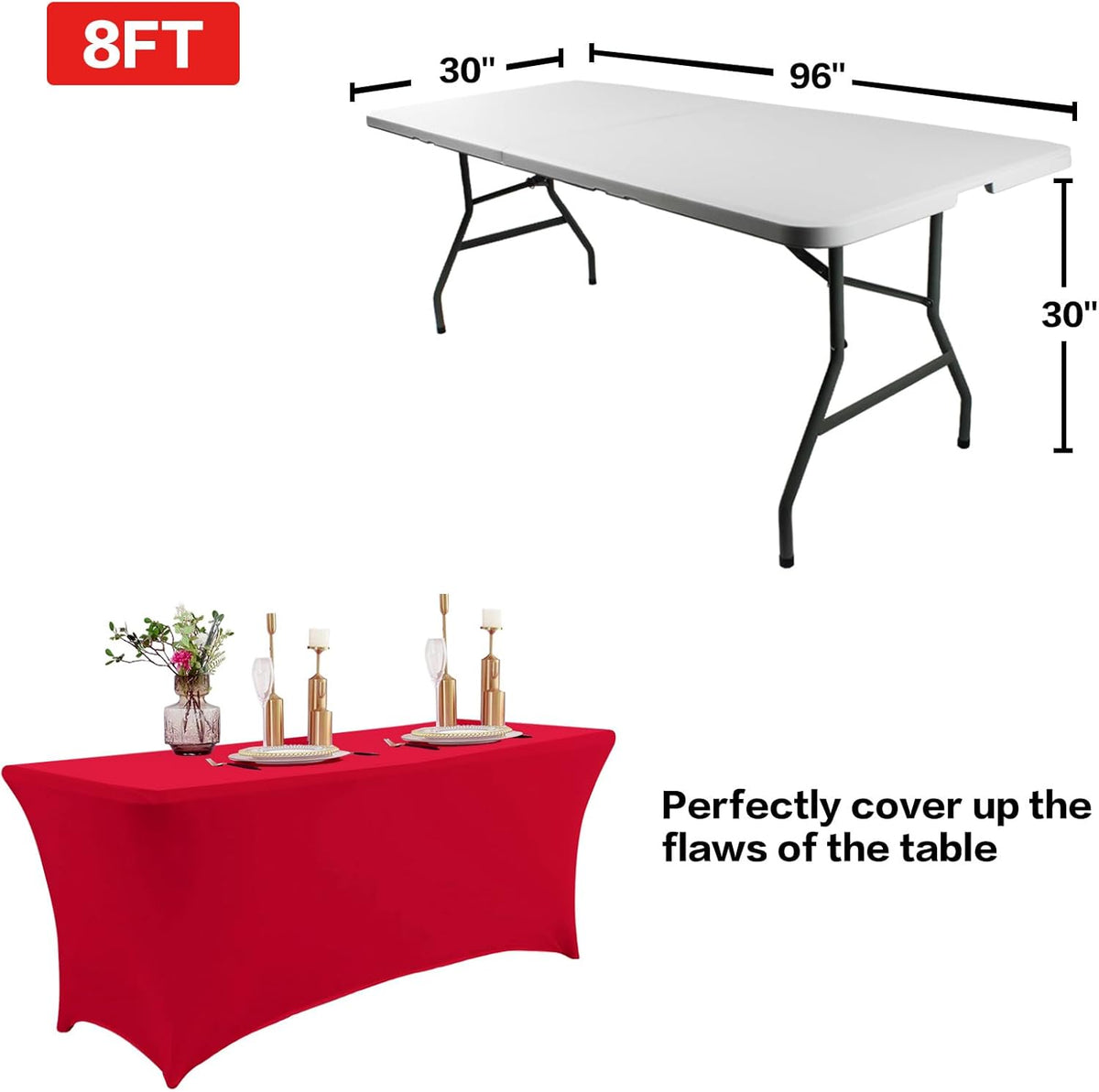 IVAPUPU 2 Pack 8FT Table Cloth for Rectangular Fitted Events Stretch Red Table Covers Washable Cover Spandex Tablecloth Protector for Party, Wedding, Cocktail, Banquet, Festival