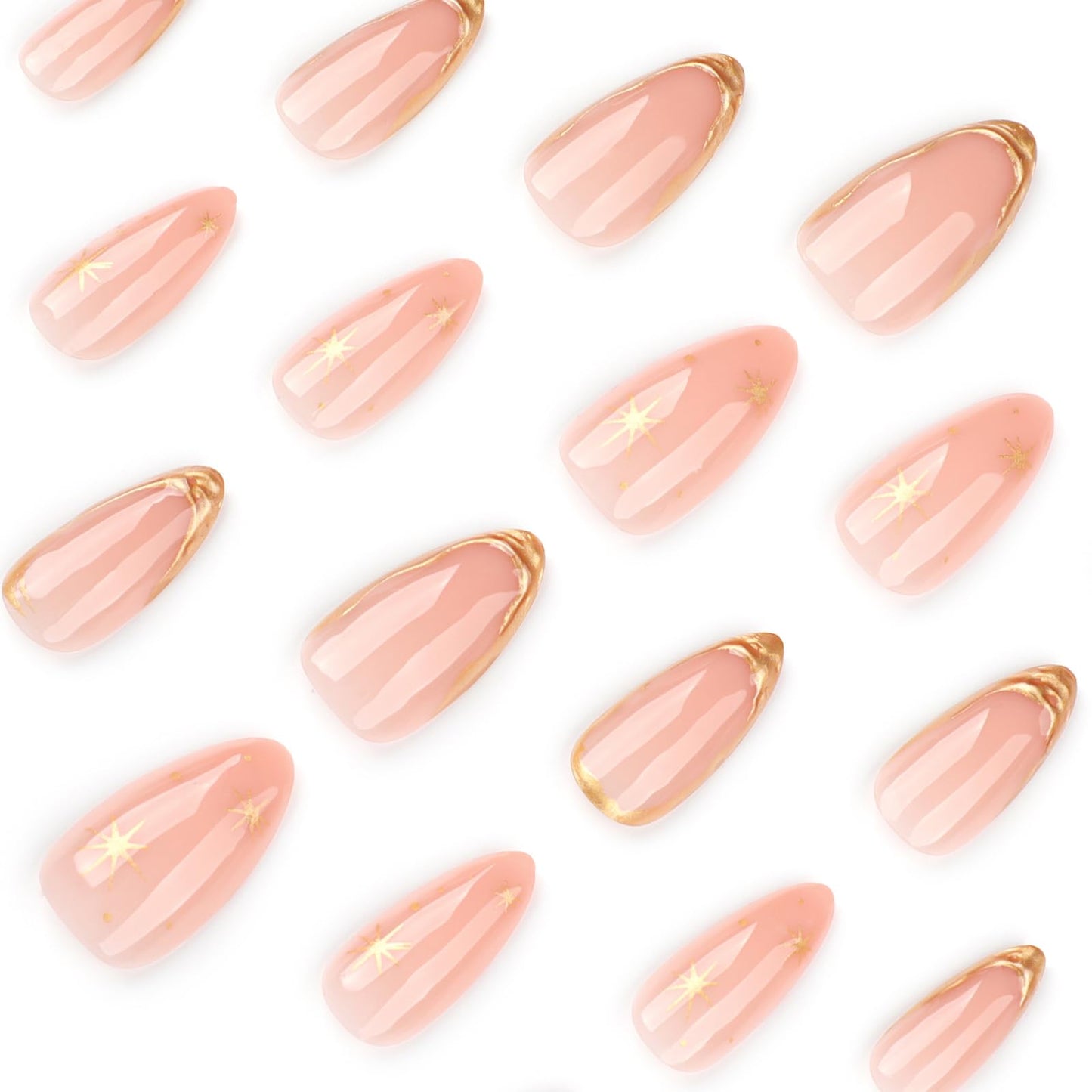 IMRAIN Press on Nails Medium Almond Fake Nails with Gold Line Star Design Gel Acrylic False Nails Full Cover Stick on Nails for Women 24Pcs
