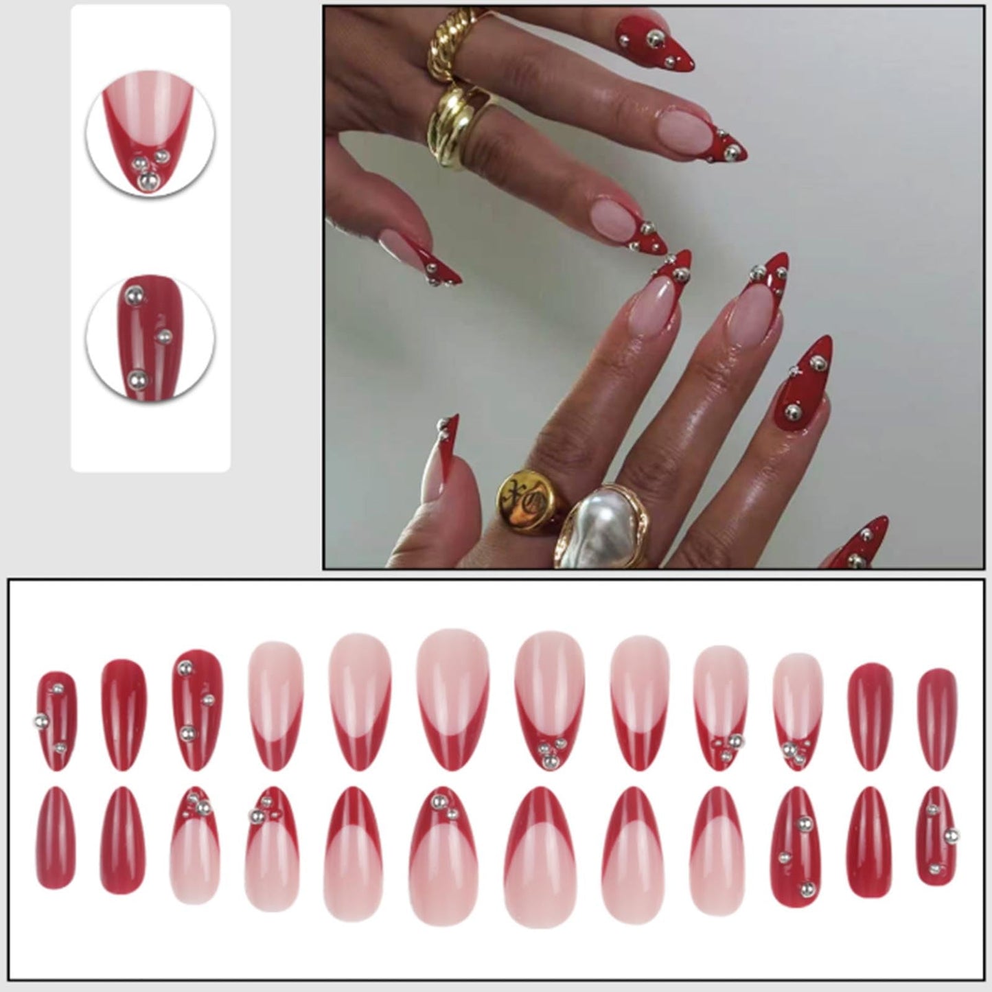 Kamize Short Almond Fake Nails French Press on Nails Full Cover Acrylic Pearl False Nails Red for Women 24PCS
