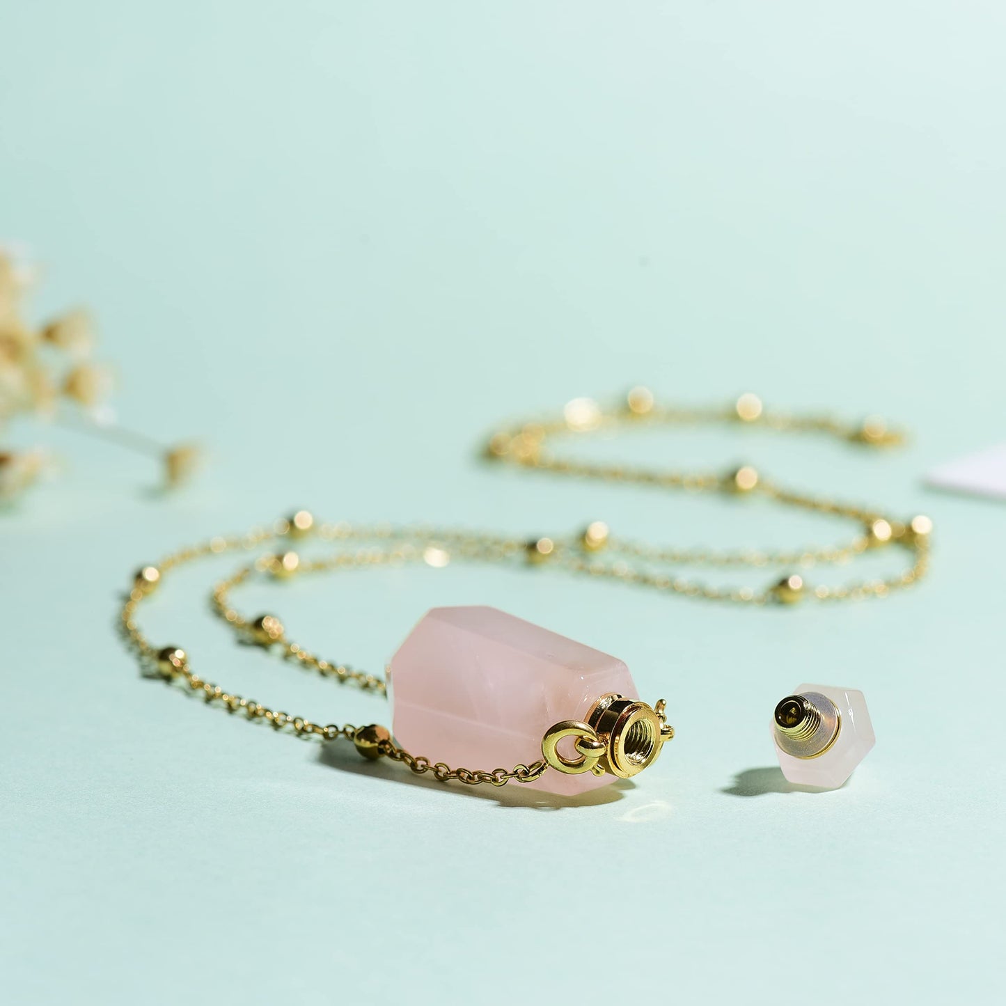 QIQIXIN Rose Quartz Perfume Bottle Necklace Aromatherapy Necklace Hexagonal Pointed Essential Oil Diffuser Necklace for Women Vial Necklace (rose quartz)