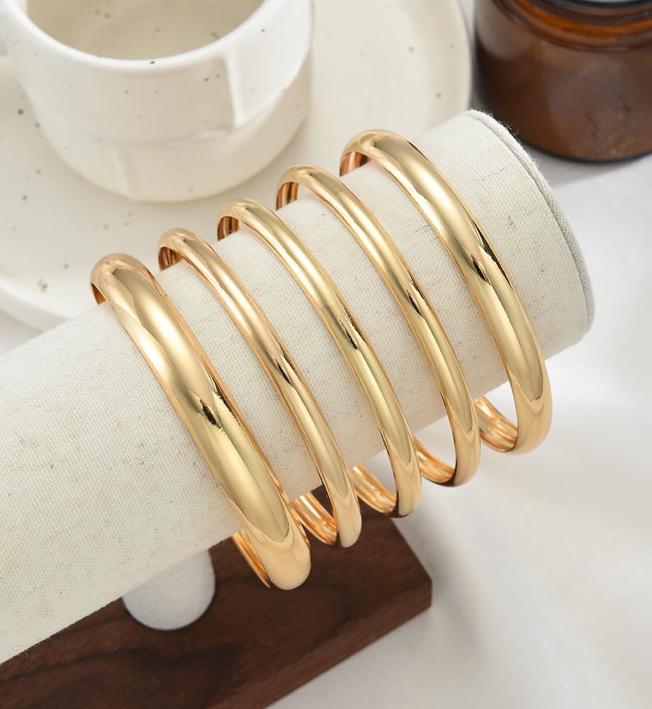 Thin Gold Bangle Bracelets for Women, Dainty 14k Gold Plated Big Stackable Bangles Set, Trendy African Bracelet Stack Fashion Jewelry Gifts (5 Gold african bangles)