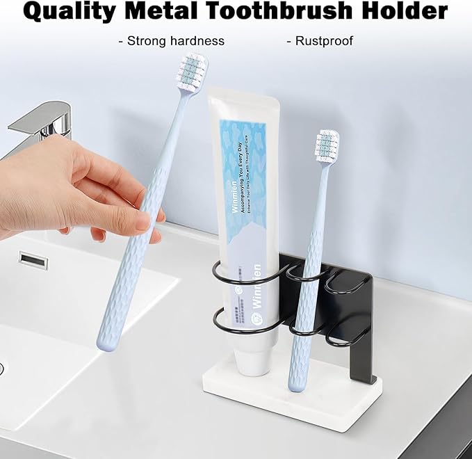 Toothbrush Holder for Bathroom Counter, Metal Toothbrush and Toothpaste Holder Stand with Marble Base for Bath Organizer Countertop, 3 Slots (Matte Black)