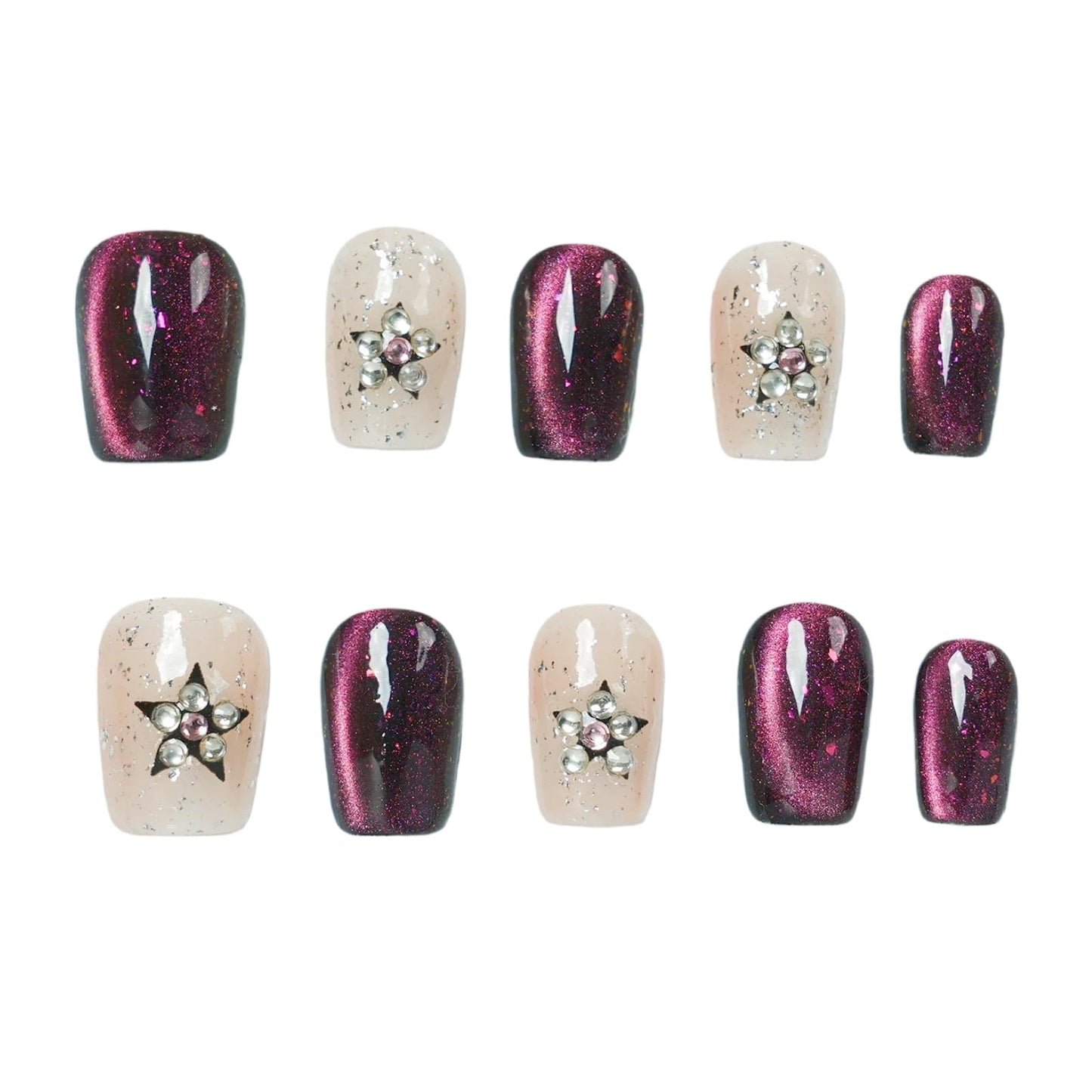 Tesytto Handmade Short Square Press On Nails, Purple Cat Eye Glitter False Nails with 3D Star Rhinestone, Reusable Fake Nails for Women, 10Pcs (Gemstone Starry Night,S)
