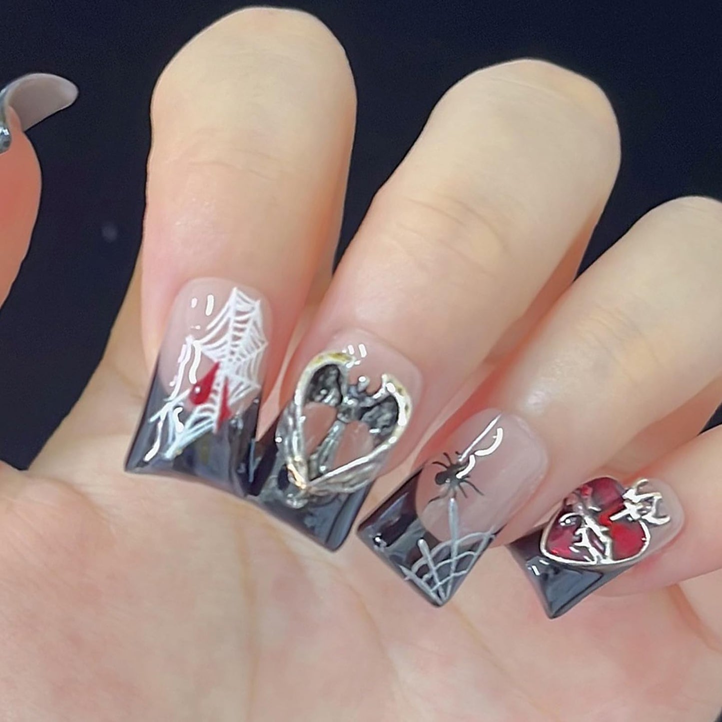 Halloween Luxury Press on Nails Short Duck Handmade 3D Unique Reusable ABS Material Fake Nails Black French False Nails with Designs Spider Web Bat Charms Glossy Glue on Nail Thick Acrylic Nail(S)