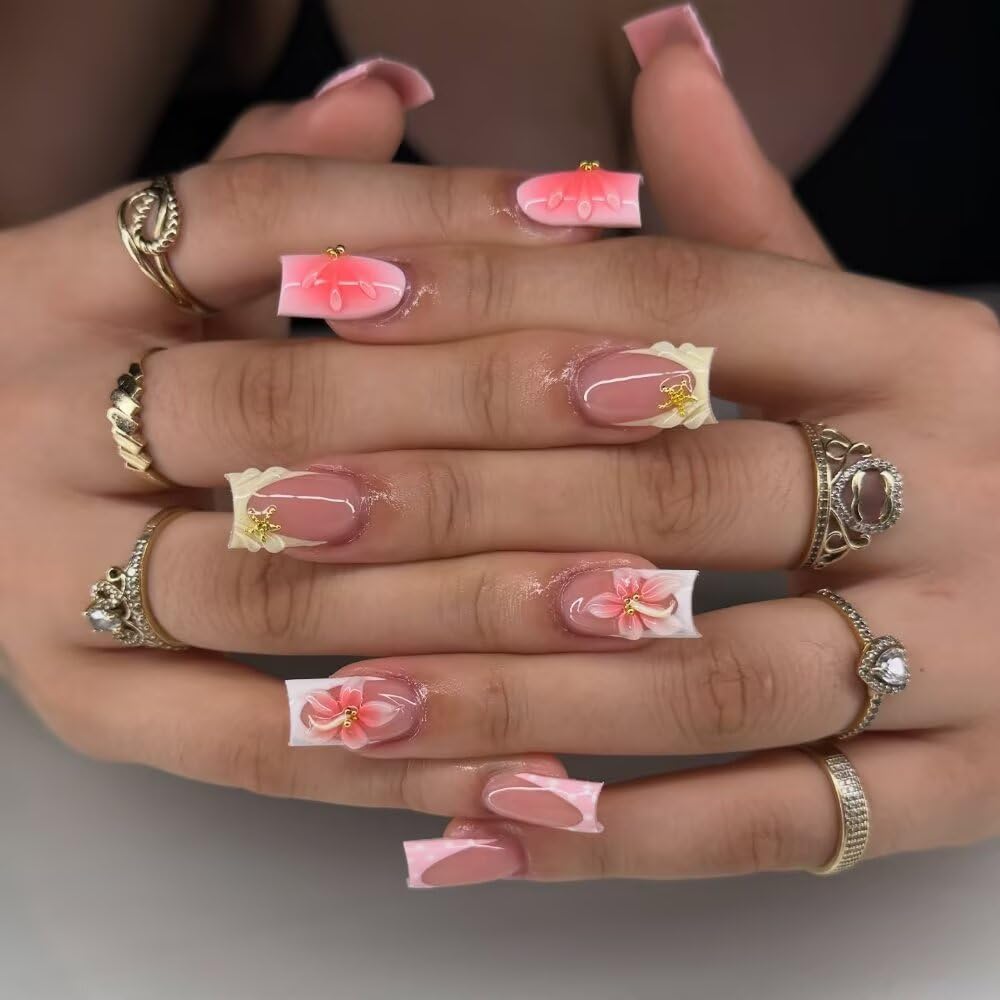 Spring Press On Nails MAGLFELL Handmade 10Pcs Short Fake Nails, 3D Carving Floral and Gold Plated Decoration Design, Reusable Acrylic Fingernail Salon Artificial Nails Kit (Size M)