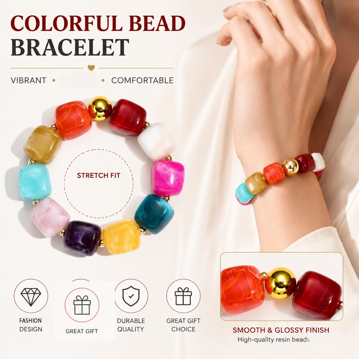 chorfla Boho Beaded Bracelet for Women,Colorful Rainbow Chunky Resin Elastic Bracelet, Handmade Style Summer Jewelry Gift