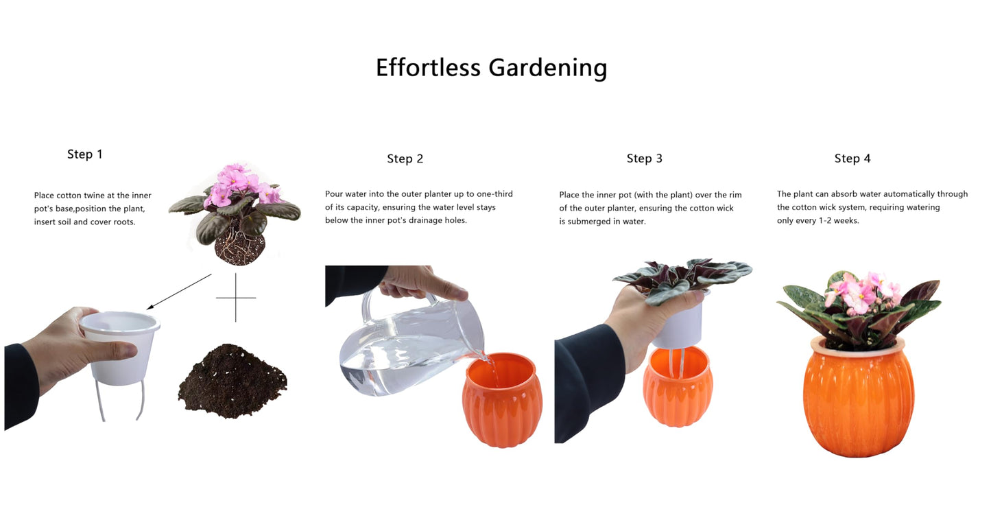 Cornasee 4" Pumpkin Planter Self Watering Pot for Halloween Decor, 4-Pack Small Plastic Planters for Indoor Plants,Flowers,Succulent,African Violets (Orange, 4")