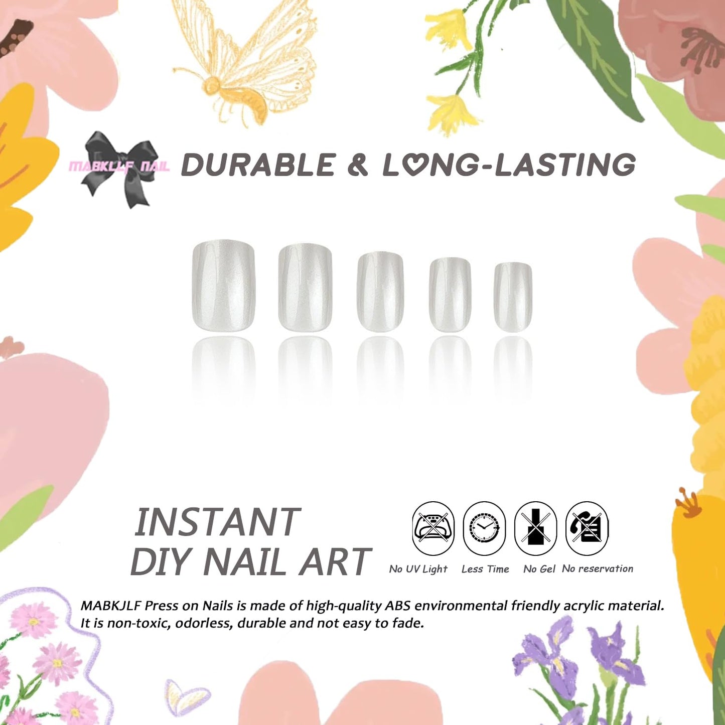 Chrome Press on Nails Short Square MABKJLF White Fake Nails False Nails Solid Colour Full Cover Glossy Glue on Nails Acrylic Nails Stick on Nails for Women Girls 24 Pcs