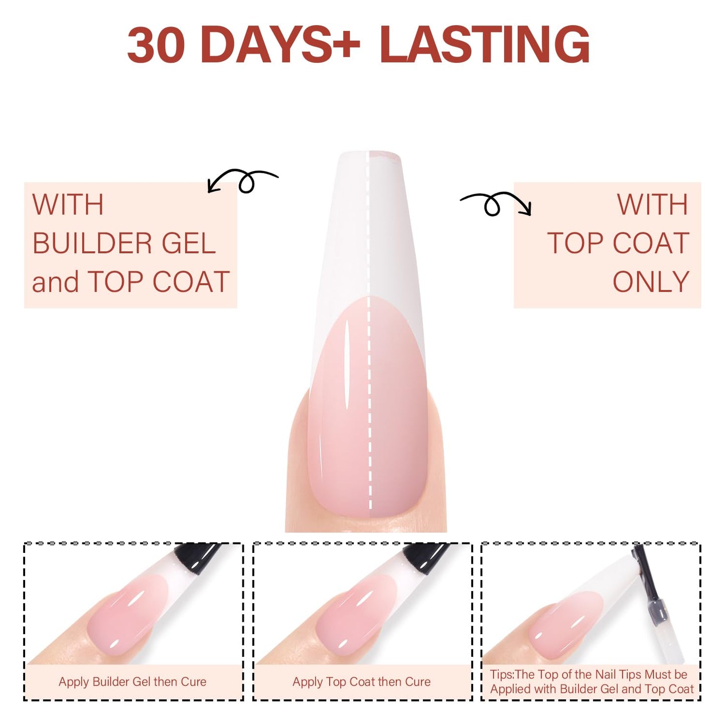 AILLSA French Gel Nail Tips, 180 Pcs French Tip Press On Nails Long Coffin Pink, Pre-Applied Primer & Base Coat, No Need File, Soft Nail Tips, Fake Nails for Nail Art DIY 15 Sizes