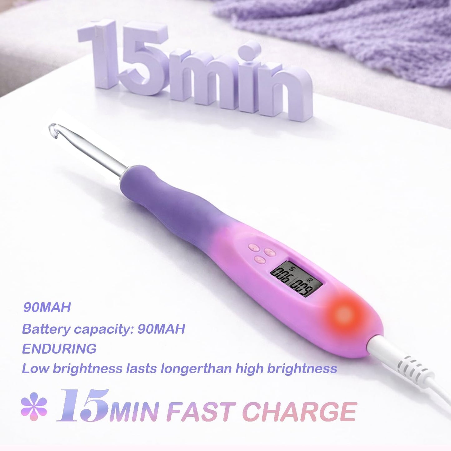 Yarniss 22 in 1 Lighted Counting Crochet Hook Set with Spiral Handle 2.0~14.0mm,Rechargeable Light Up Crochet Hook with Stitch Counter & Case,Gradiant Purple