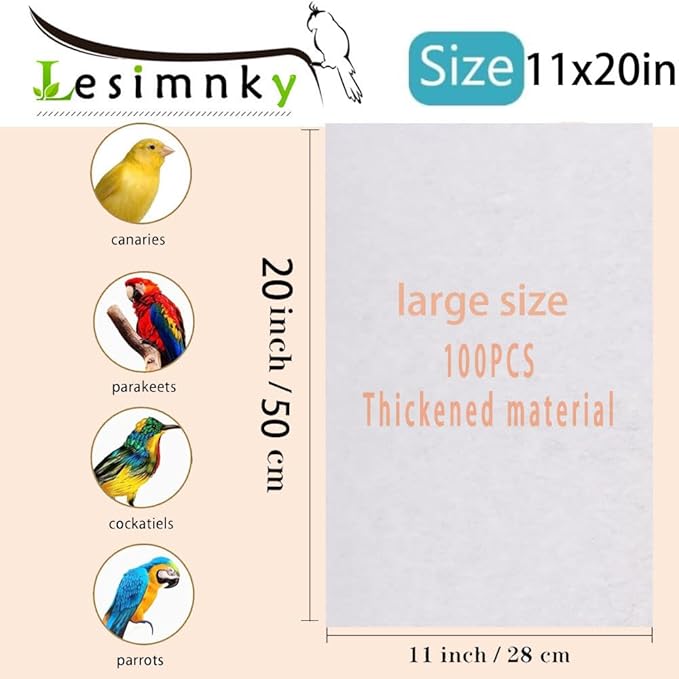 Lesimnky 100pcs Bird Cage Liner Papers,11×20in Big Size Disposable Non-Woven Cage Paper Liners Precut Absorbent Cushion Pad Mat Accessories for Pet Bird Parrot