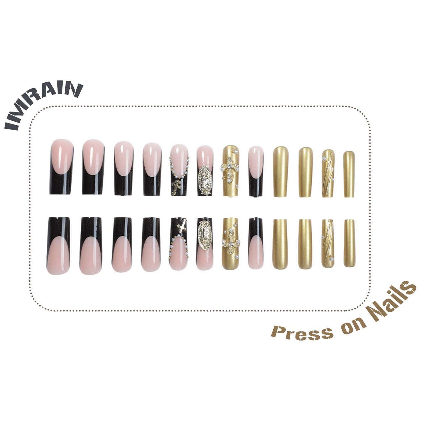 IMRAIN Press on Nails Long Square Fake Nails Black French Tips False Nails with Gold Chrome, Golden Charms Designs Full Cover Luxury Glossy Acrylic Glue on Nails