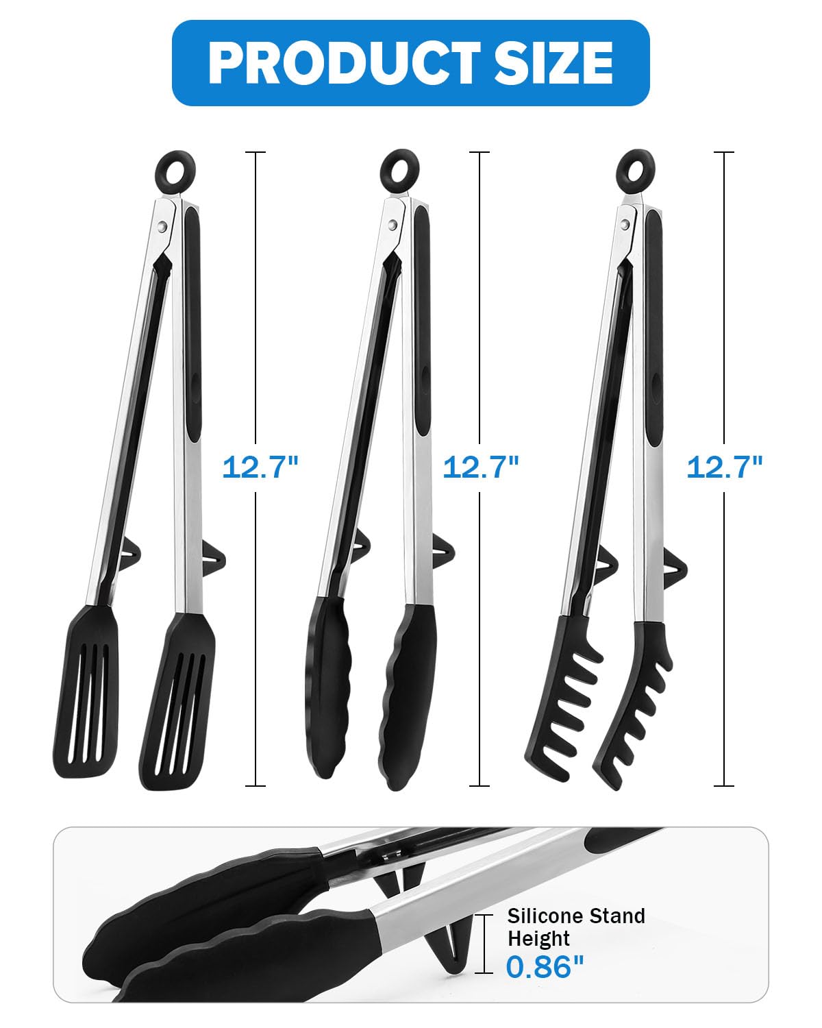 Kitchen Tongs for Cooking, Non Scratch Silicone Tip for Nonstick Cooking Pans, Food Grade Mini Serving Tongs, Pull Lock, Set of 3, Black (BLack, 12 inch)