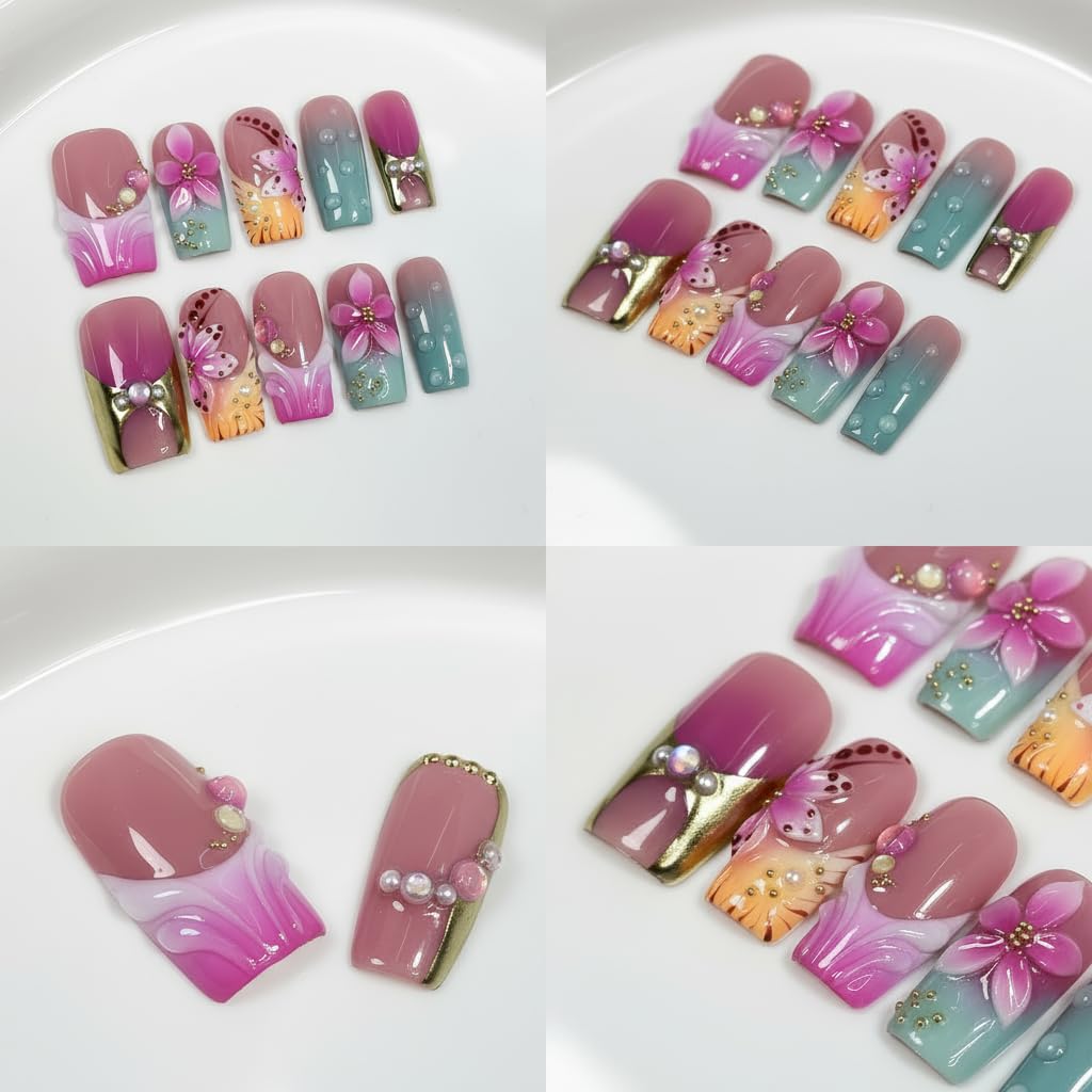Threelegscat Square Handmade Press on Nails Medium Nails Press Ons With 3d Flower and French Tip Design Reusable Fake Nails for Women for Spring and Holiday 10pcs M Size Pattern S1107