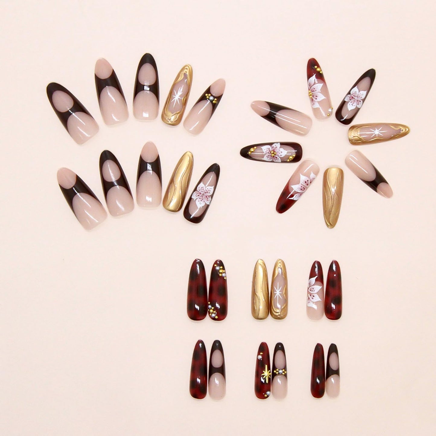 RUOKEXIN Long Press on Nails Almond Fake Nails French Tip False Nails with 3D Gold Designs Stiletto Nail Press ons Sparkly Artificial Nails for Women 24Pcs