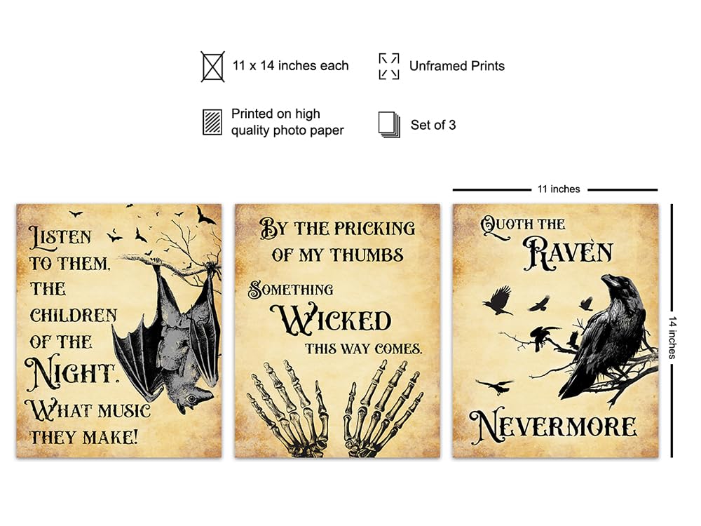 Vampire Bat, Edgar Allan Poe, The Raven Quotes Set - Creepy Spooky Bram Stoker Dracula, Shakespeare Witch, Witchcraft - Medieval Gothic Home Decor - Funny Bathroom Wall Art & Decor 11x14