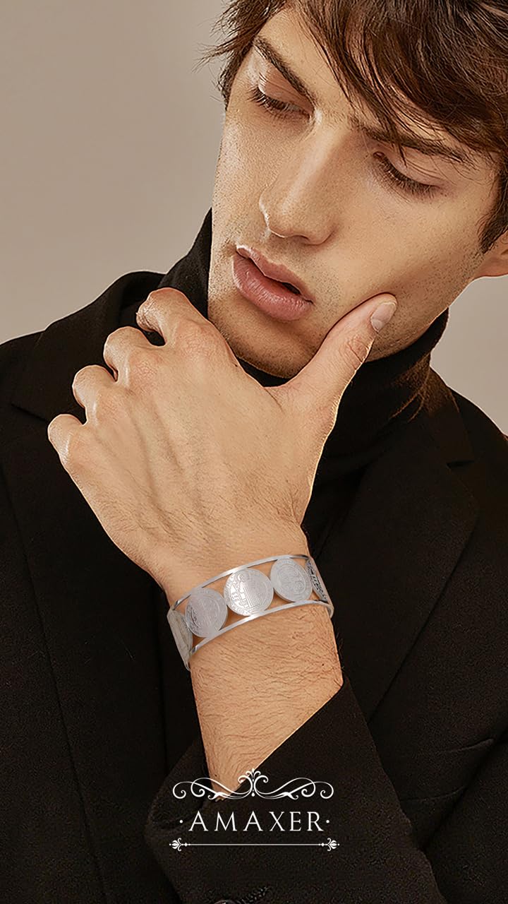Amaxer Adjustable St. Benedict Open Cuff Bangle Bracelet for Women Men Stainless Steel Religious Jewelry 0.88in Wide (silver)