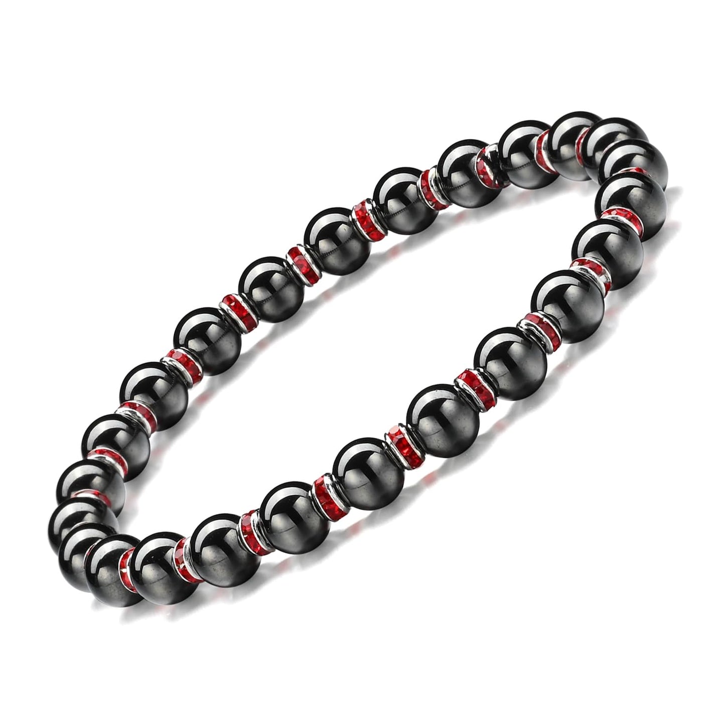 Apocalyptic-K Women's Magnetic Bracelet，Hematite Bracelets，Magnetic Bracelets With Zirconia,Handmade Stretch Bracelet，Eliminates static electricity. (Red Zirconia，6MM)