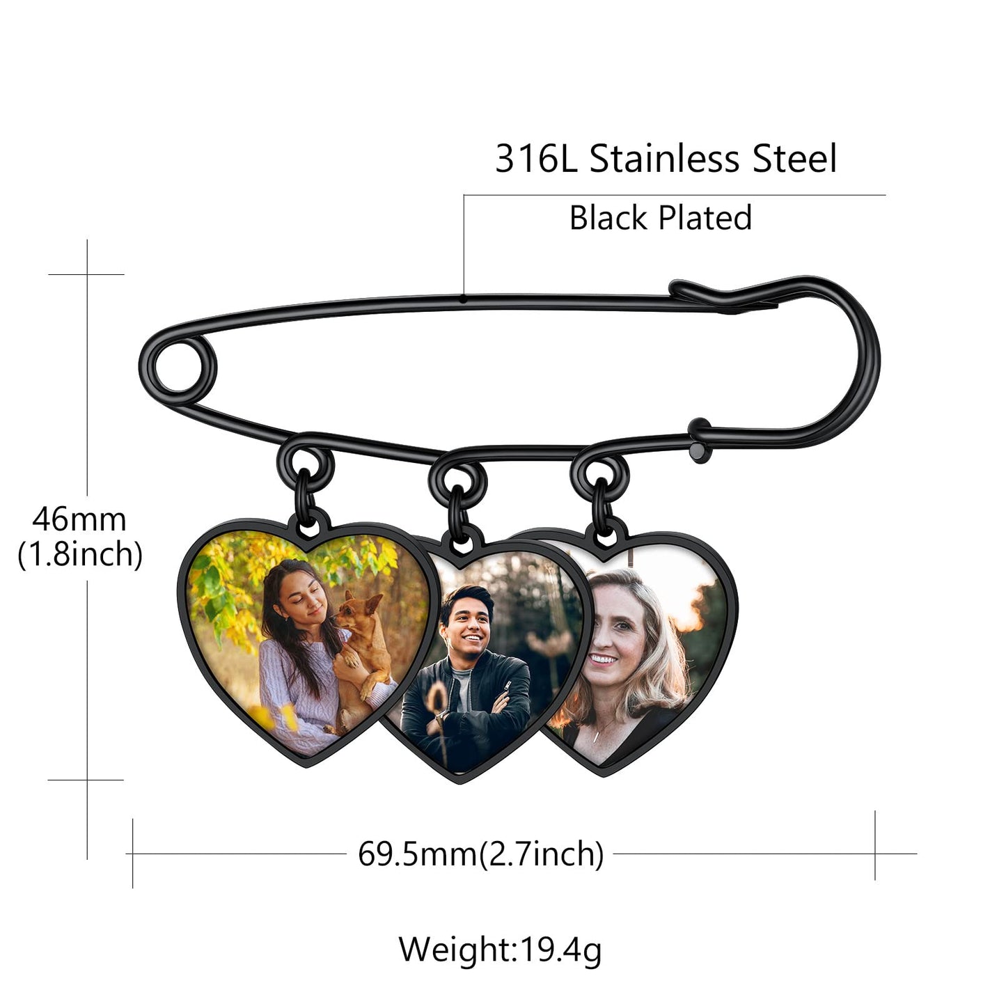Custom4U Photo Charm for Bouquet Heart Shaped Brooch Pins with 3 Pictures Customized Memorial Wedding Jewelry