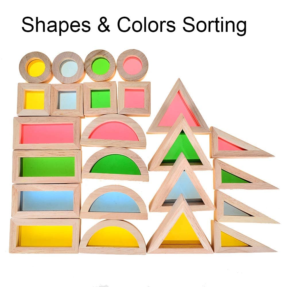 BOHS Rainbow Sensory Blocks (24 pcs) - Wooden Toys for Toddler Gift- Play on Light Table/Sunny Window