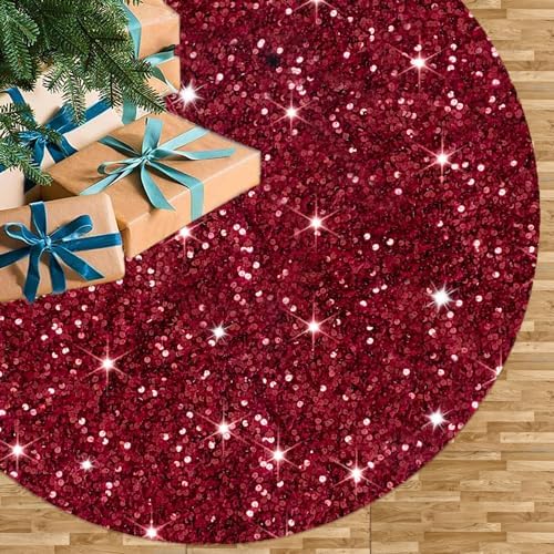 Christmas Tree Skirt Burgundy Velvet Tree Skirt Small Sequined Tree Skirts 21 Inch Mini Sequin Glitter Tree Cover Mats Metallic Tree Ornaments for Silm Tree Maroon Skirt Tree Burgundy Christmas Decor
