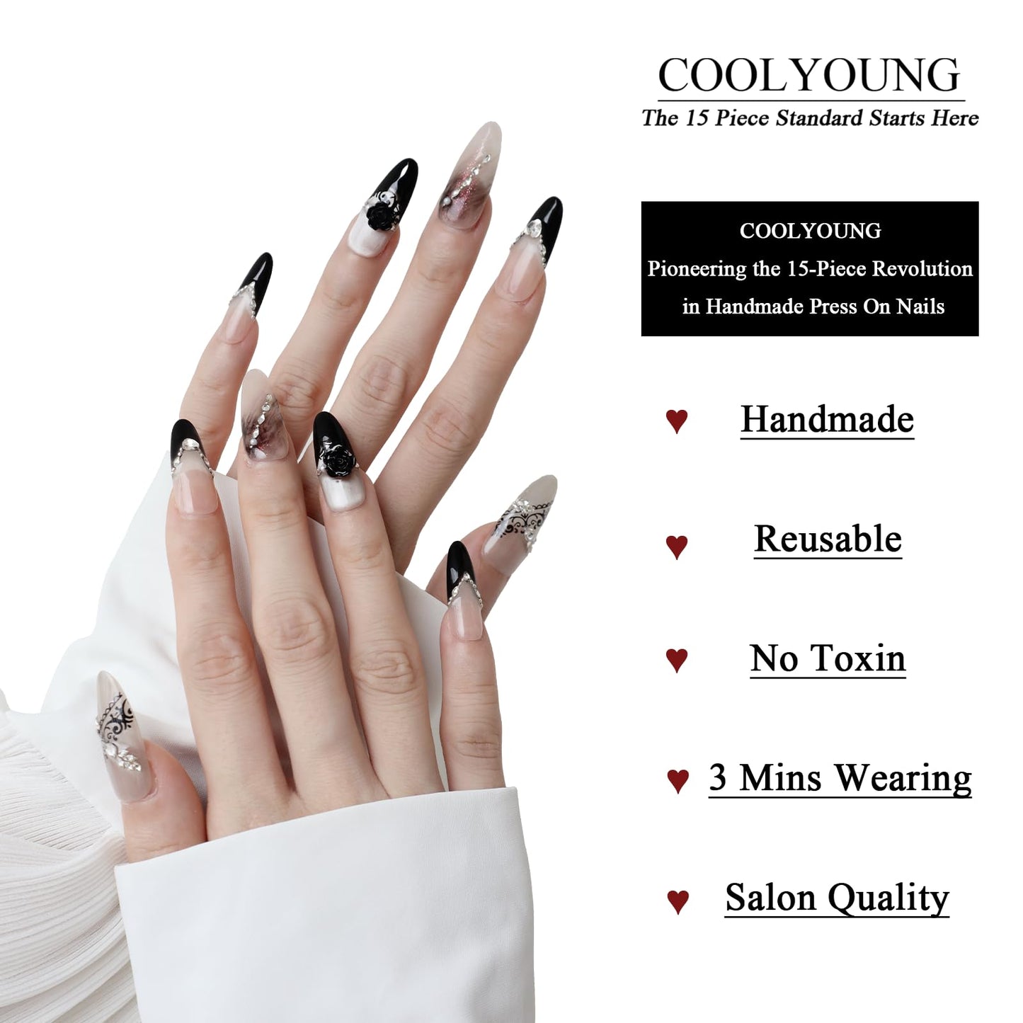 Press On Acrylic Almond Nails Medium Handmade Nails Black Gifts For Women Press On French Tip Nails with False Nails, 15 PCS, Size S